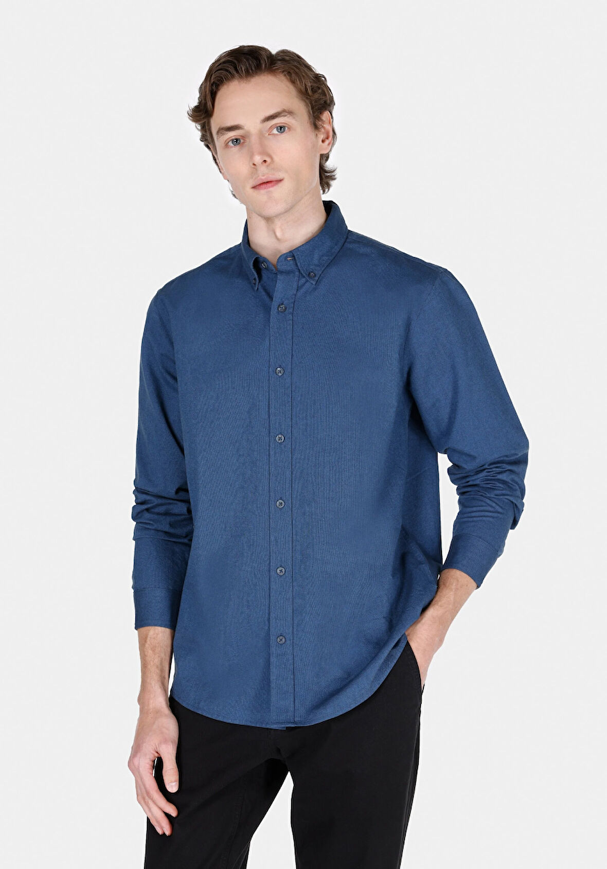 Regular Fit Shirt Neck Düz Erkek Lacivert Uzun Kol Gömlek Cl1073845