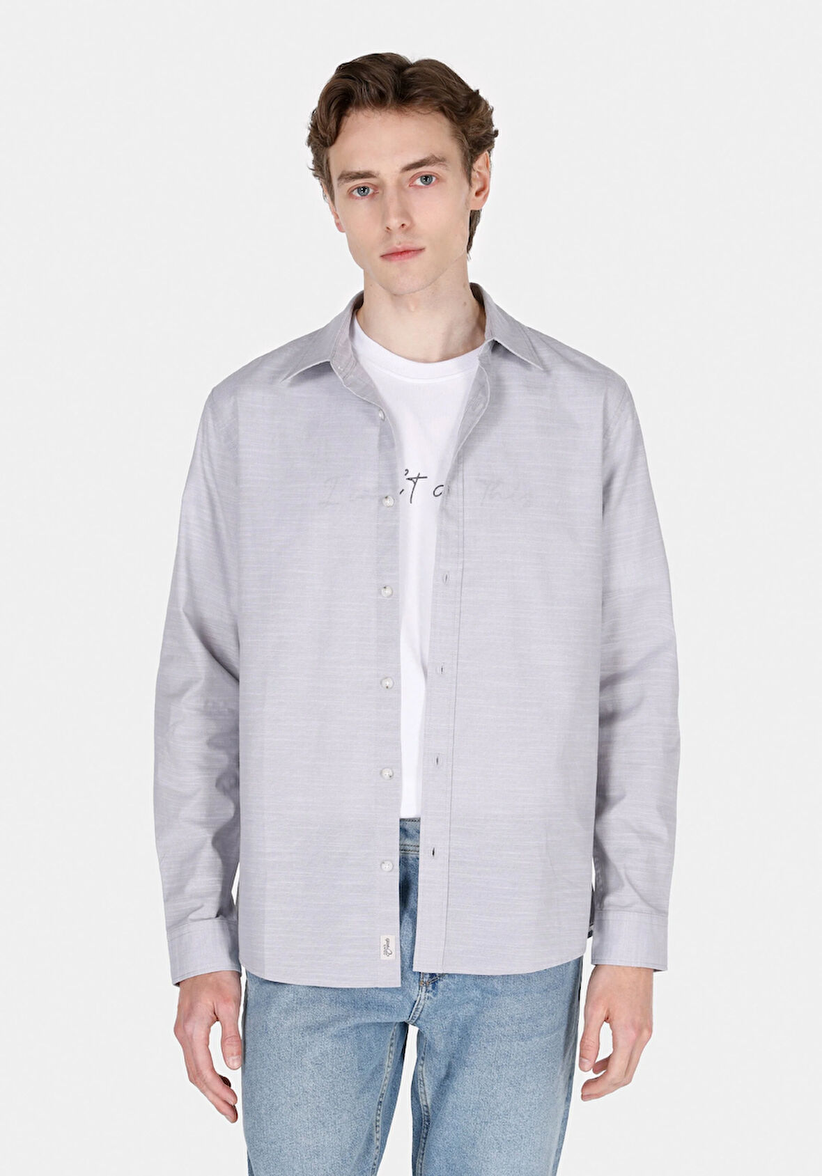 Regular Fit Shirt Neck Düz Erkek Taş Uzun Kol Gömlek