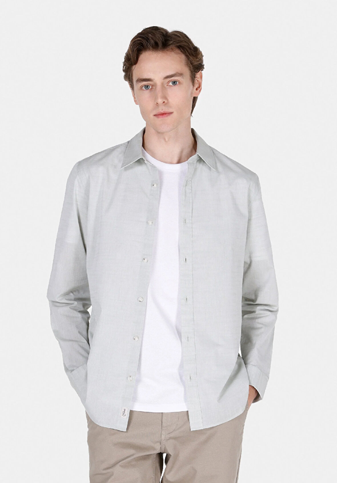 Regular Fit Shirt Neck Düz Erkek Yeşil Uzun Kol Gömlek