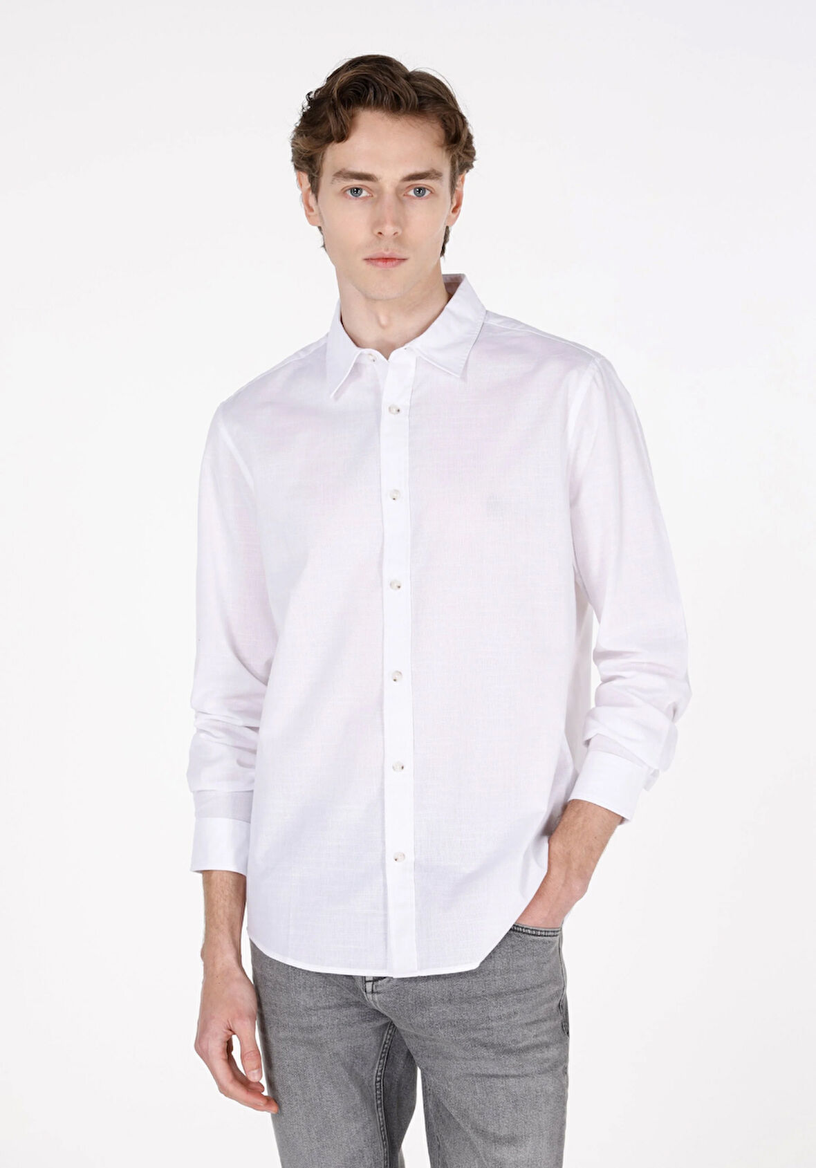 Regular Fit Shirt Neck Düz Erkek Beyaz Uzun Kol Gömlek Cl1073846