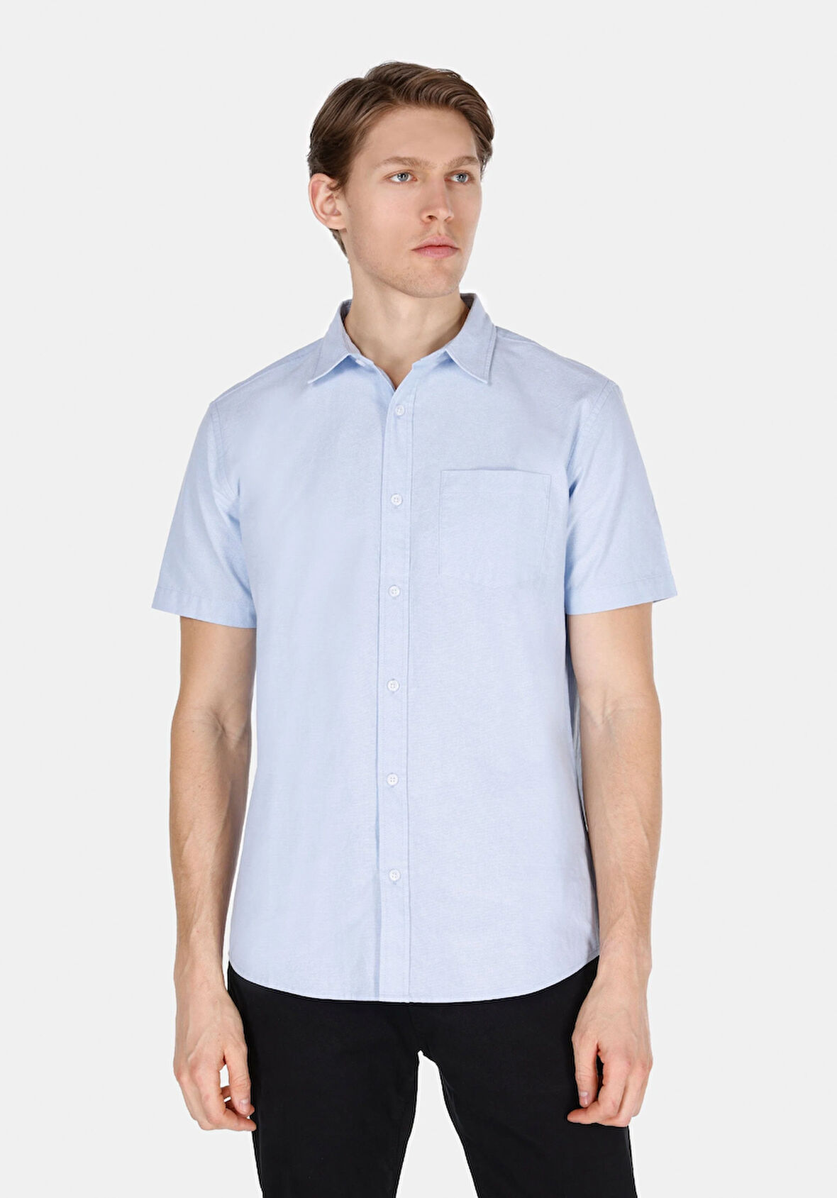 Regular Fit Shirt Neck Düz Erkek Mavi Kısa Kol Gömlek Cl1073847