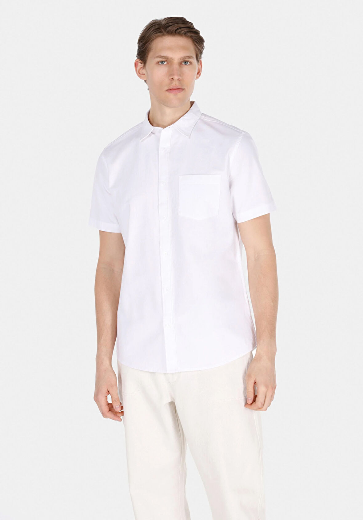 Regular Fit Shirt Neck Düz Erkek Beyaz Kısa Kol Gömlek
