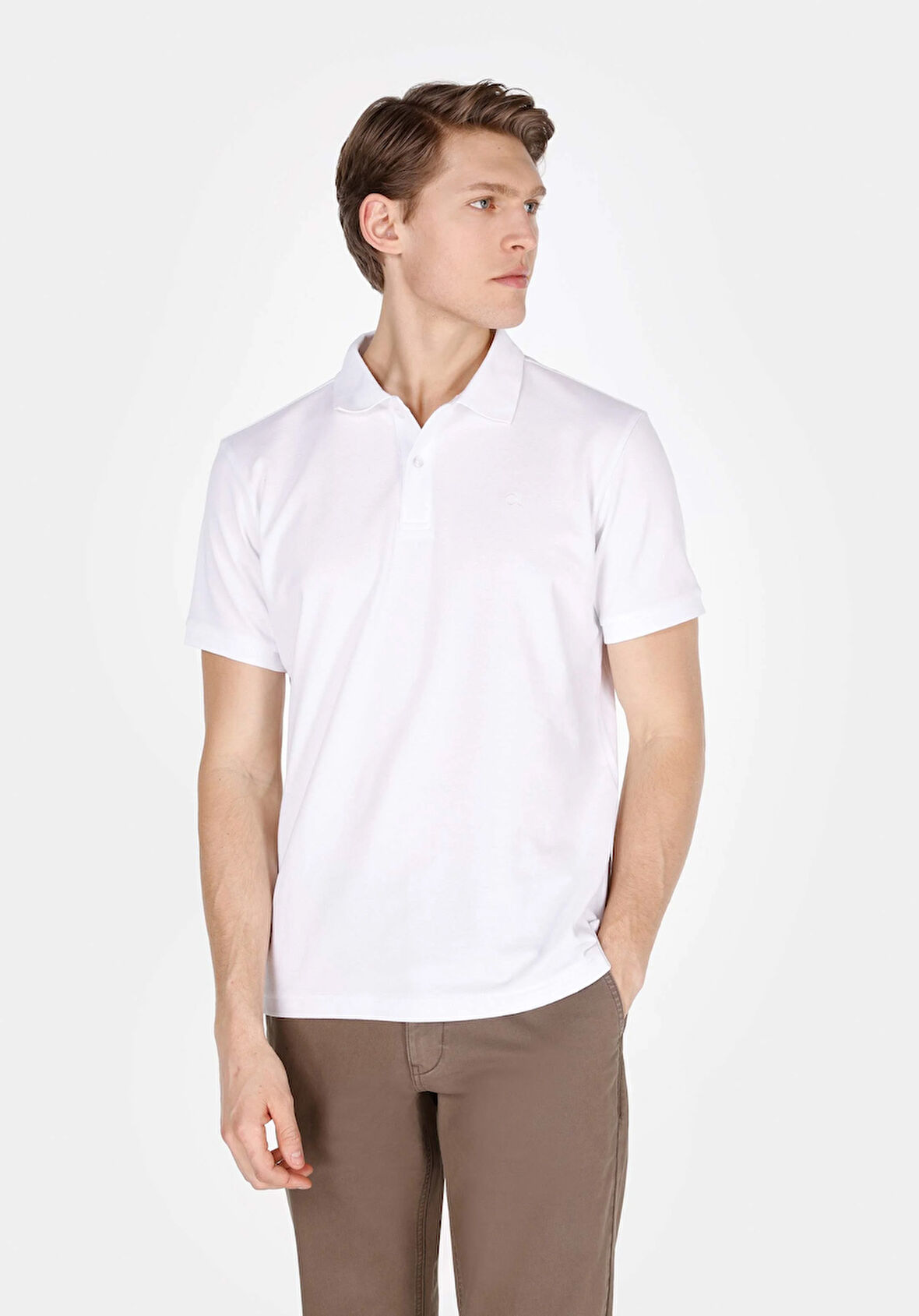 Regular Fit Polo Yaka Düz Erkek Beyaz Kısa Kol Tişört Cl1073960