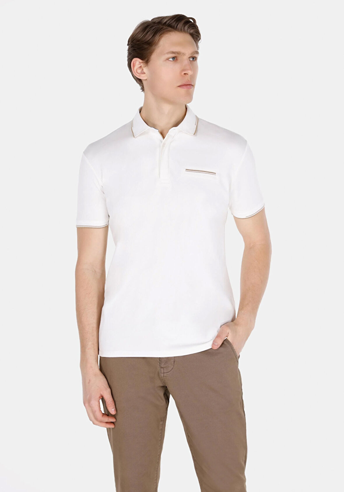 Slim Fit Polo Yaka Düz Erkek Beyaz Kısa Kol Tişört Cl1073964