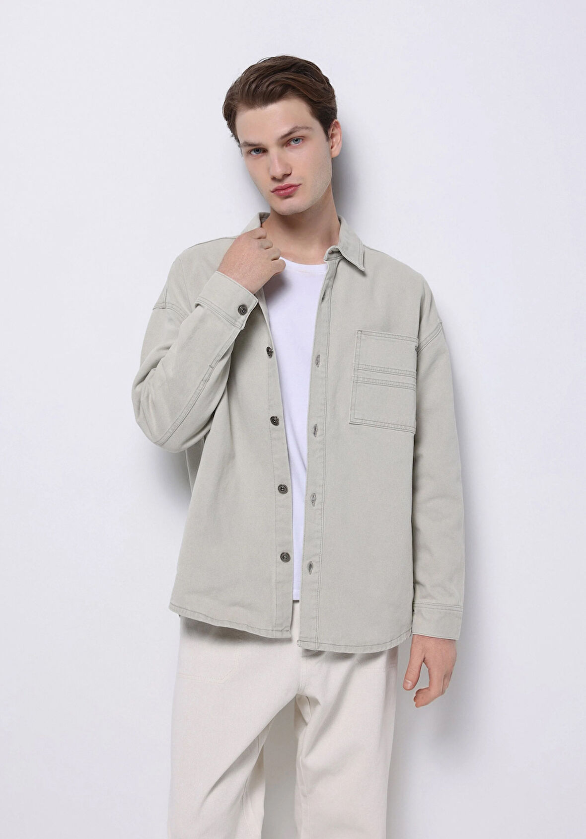 Oversize Fit Klasik Yaka Düz Erkek Bej Uzun Kol Gömlek