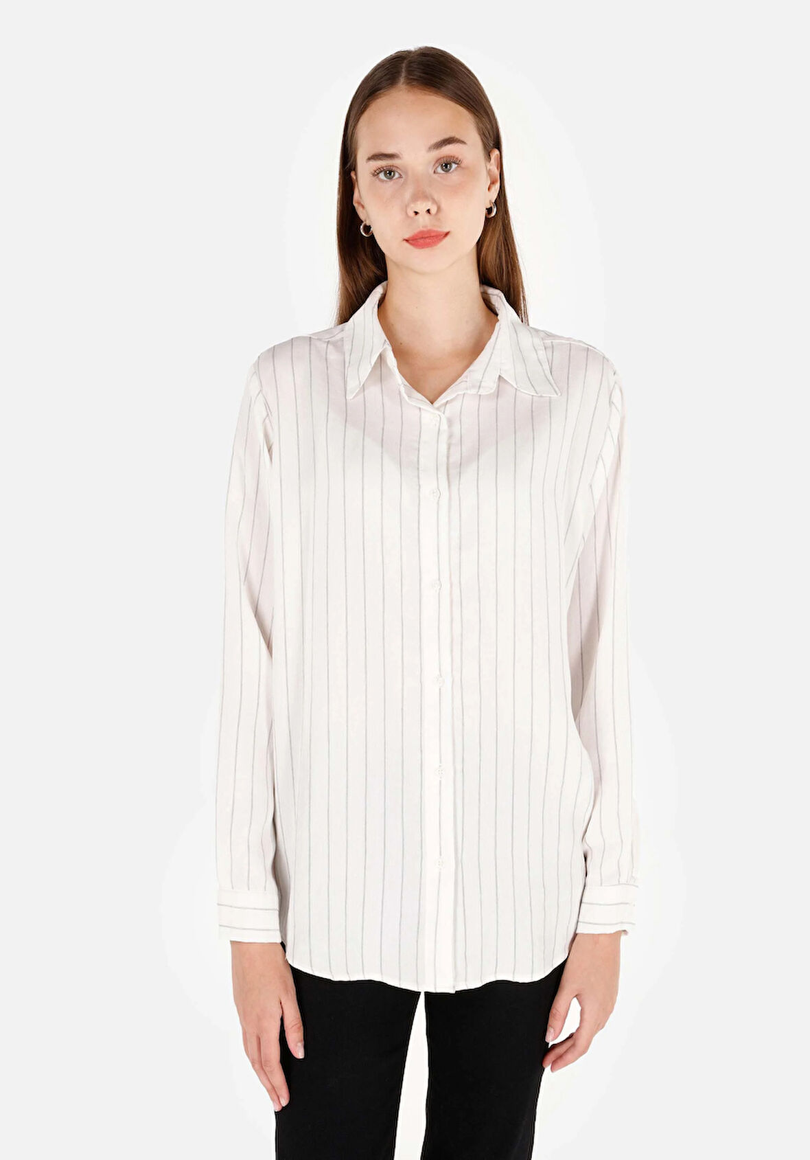 Regular Fit Shirt Neck Çizgili Kadın Beyaz Uzun Kol Gömlek