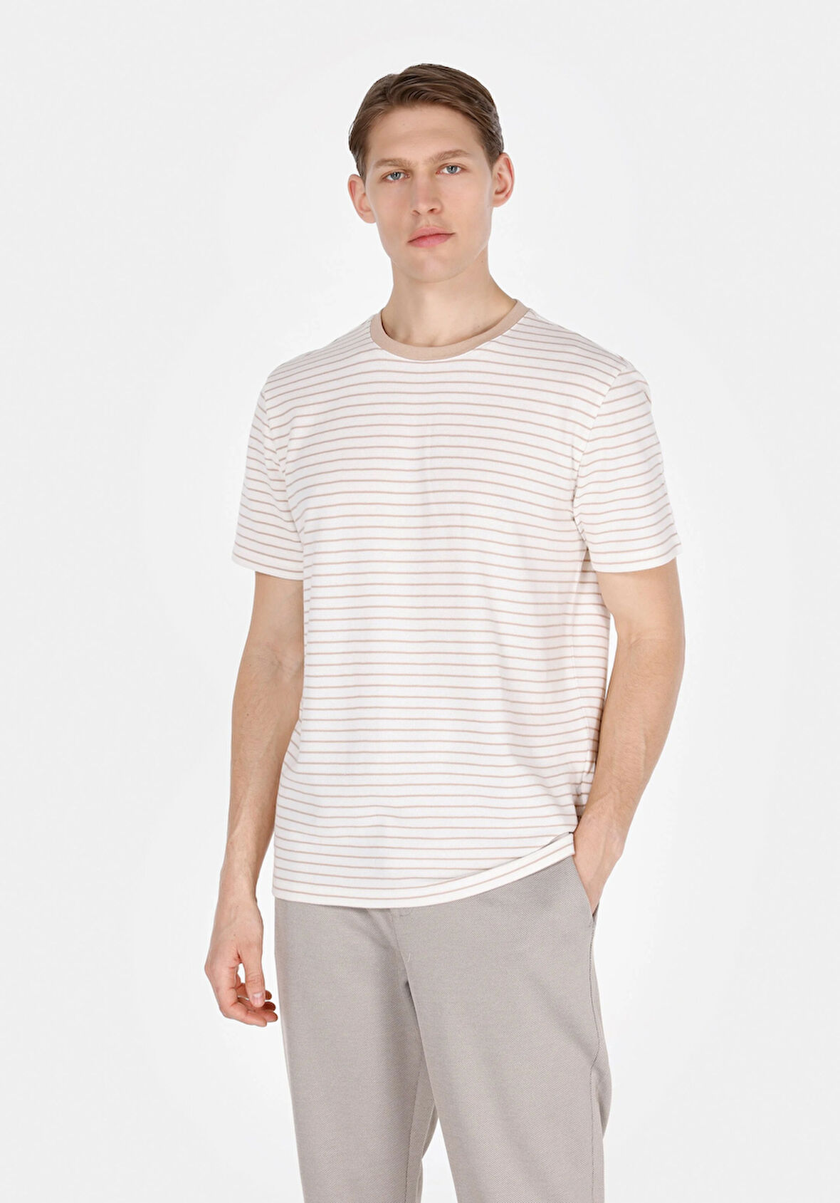 Regular Fit Yuvarlak Yaka Çizgili Erkek Bej Kısa Kol Tişört