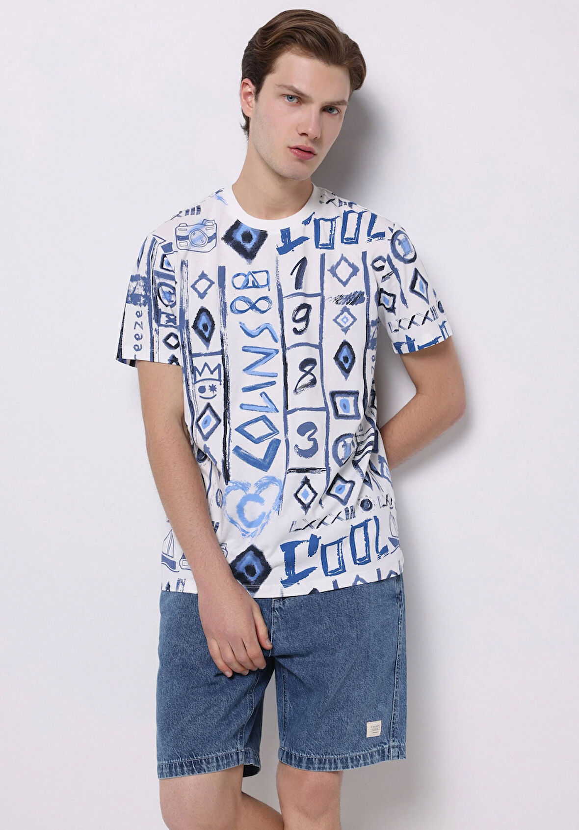 Regular Fit Yuvarlak Yaka Baskılı Erkek Mavi Kısa Kol Tişört