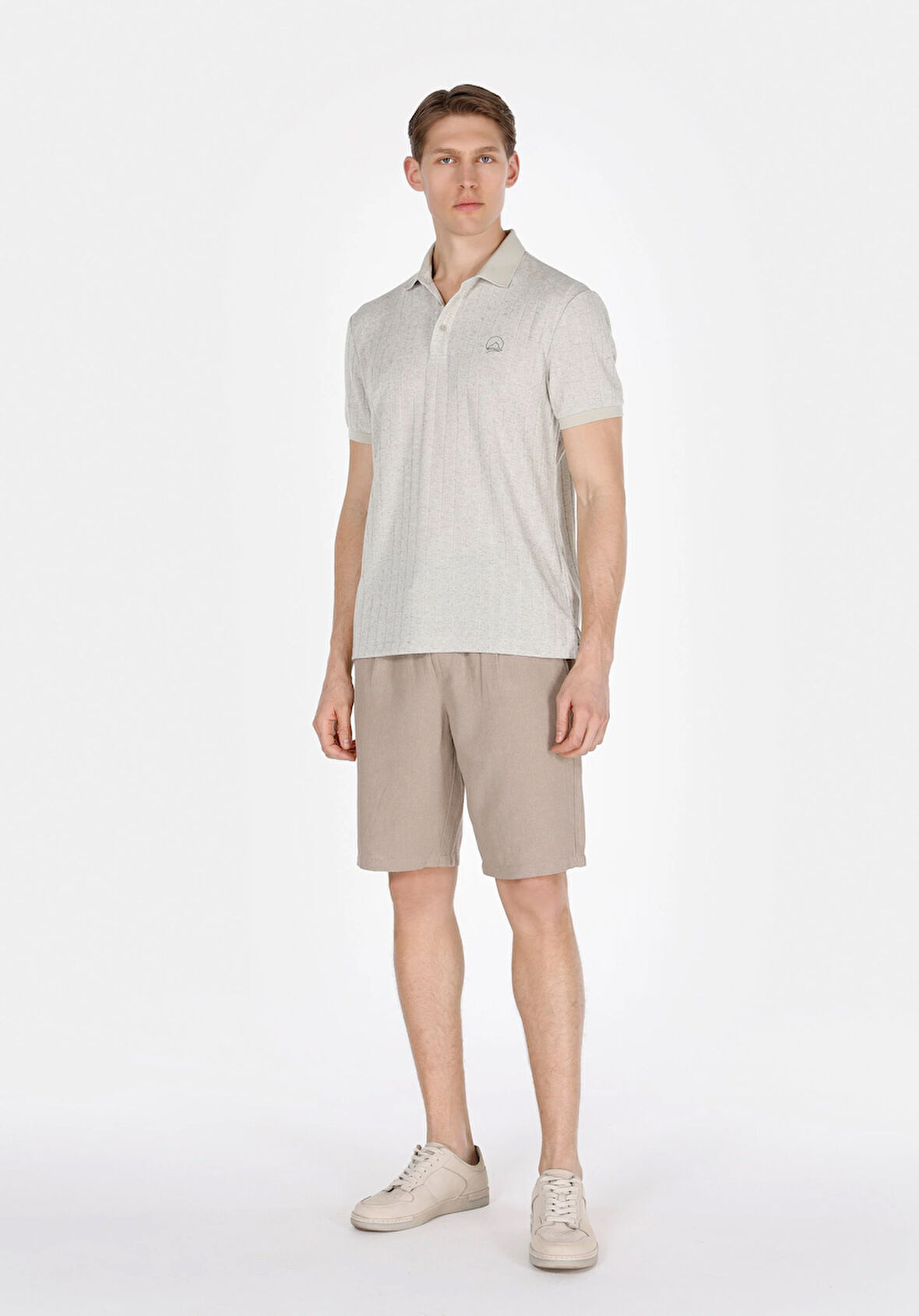 Regular Fit Orta Bel Düz Erkek Keten Karışımlı Bej Şort