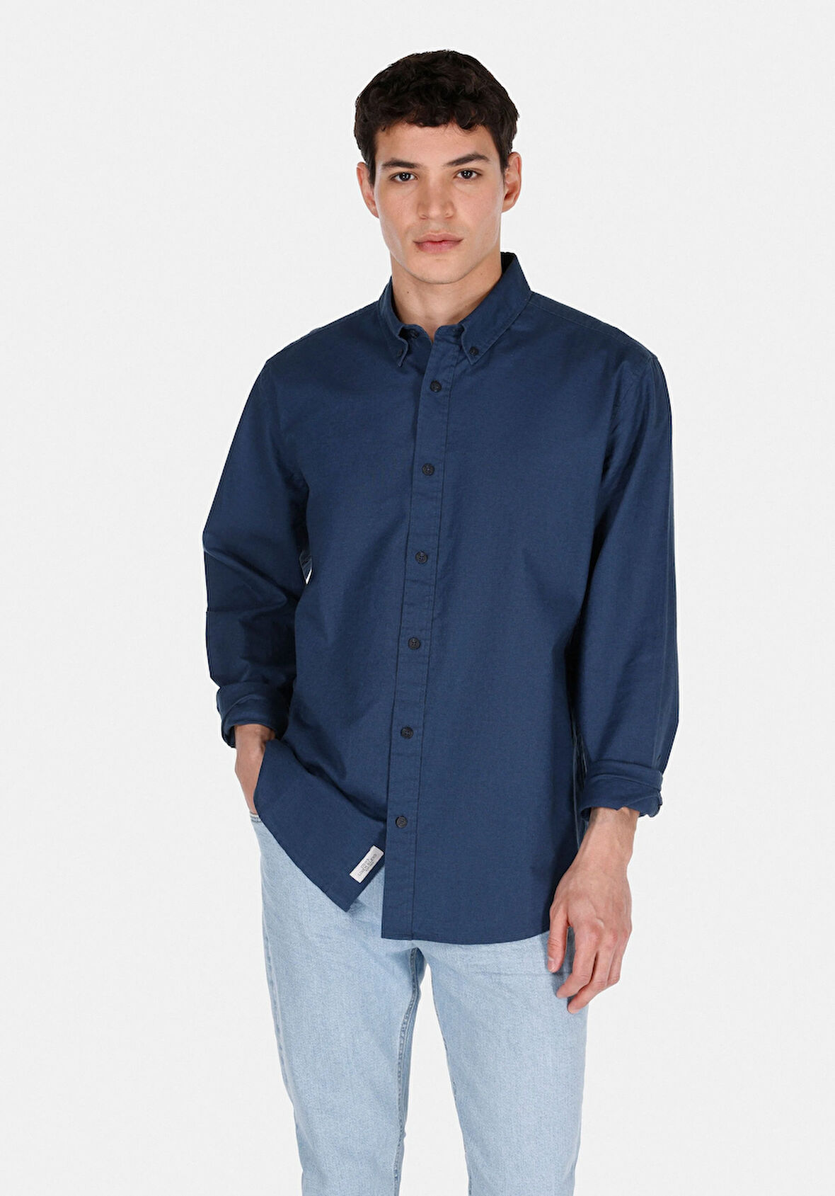 Regular Fit Shirt Neck Düz Erkek Lacivert Uzun Kol Gömlek