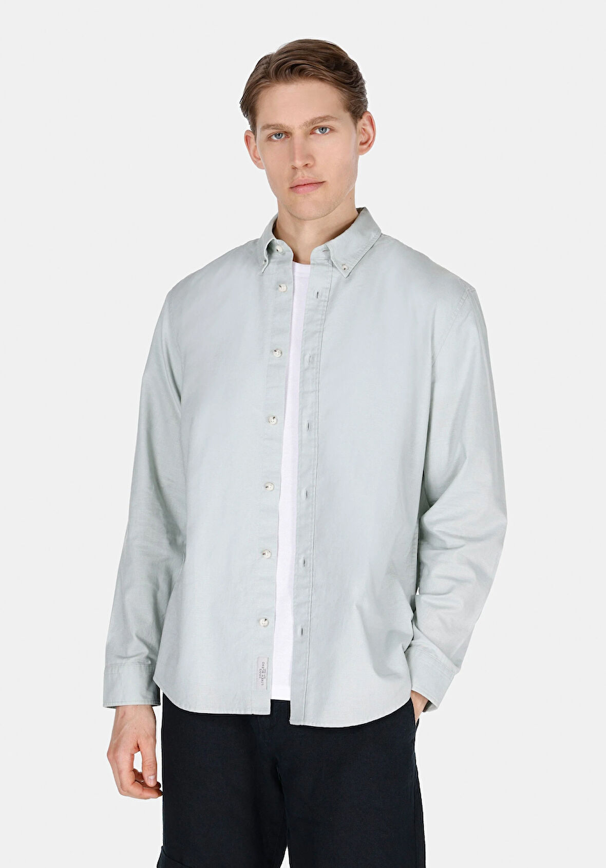 Regular Fit Shirt Neck Düz Erkek Keten Karışımlı Yeşil Uzun Kol Gömlek