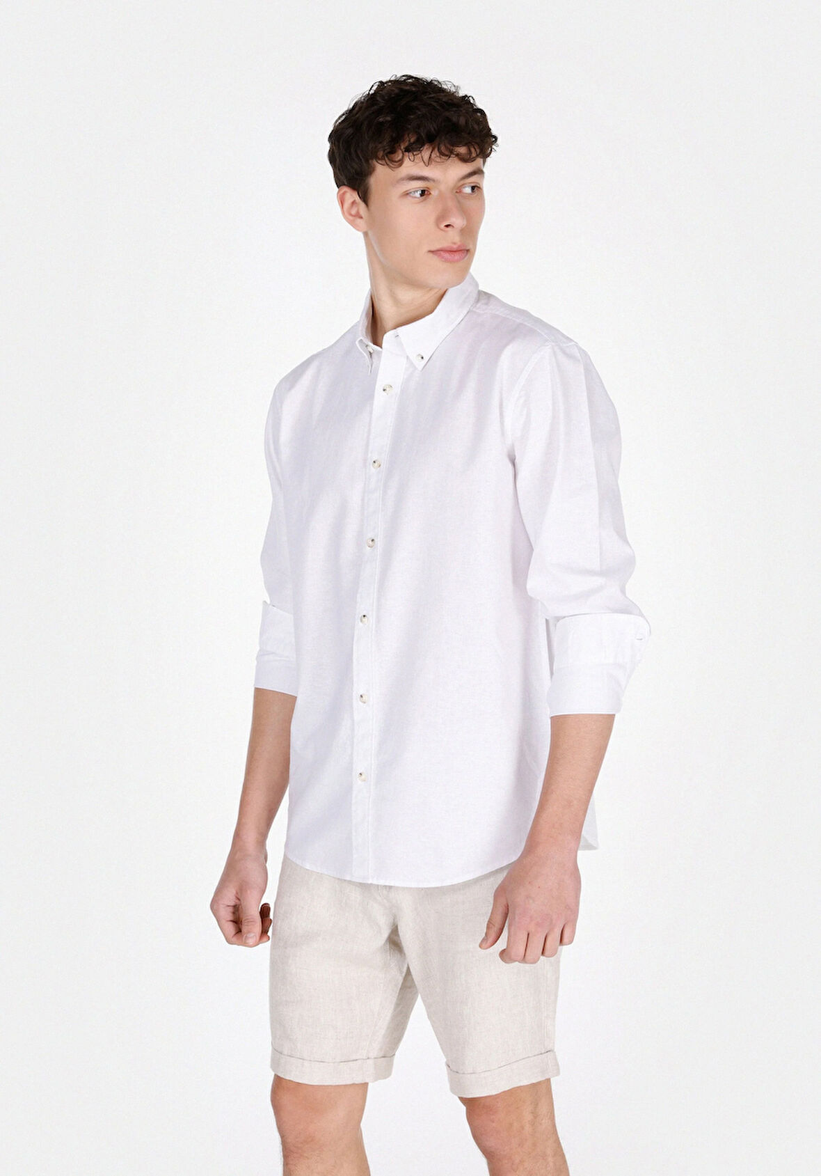 Regular Fit Shirt Neck Düz Erkek Keten Karışımlı Beyaz Uzun Kol Gömlek
