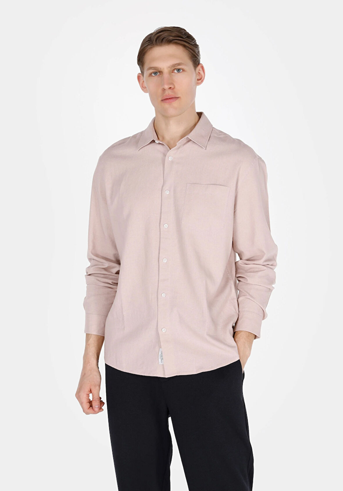 Relaxed Fit Shirt Neck Düz Erkek Pembe Uzun Kol Gömlek