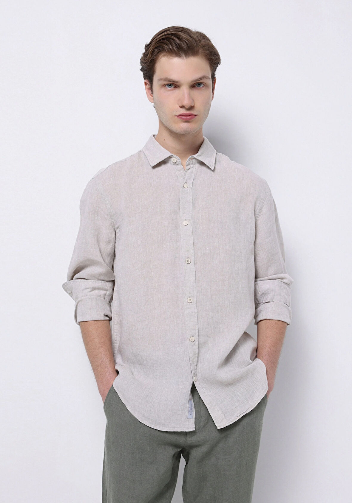 Regular Fit Shirt Neck Düz Erkek Keten Karışımlı Bej Uzun Kol Gömlek