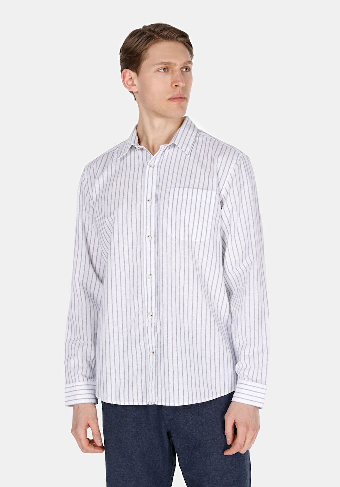 Regular Fit Shirt Neck Çizgili Erkek Keten Karışımlı Lacivert Uzun Kol Gömlek