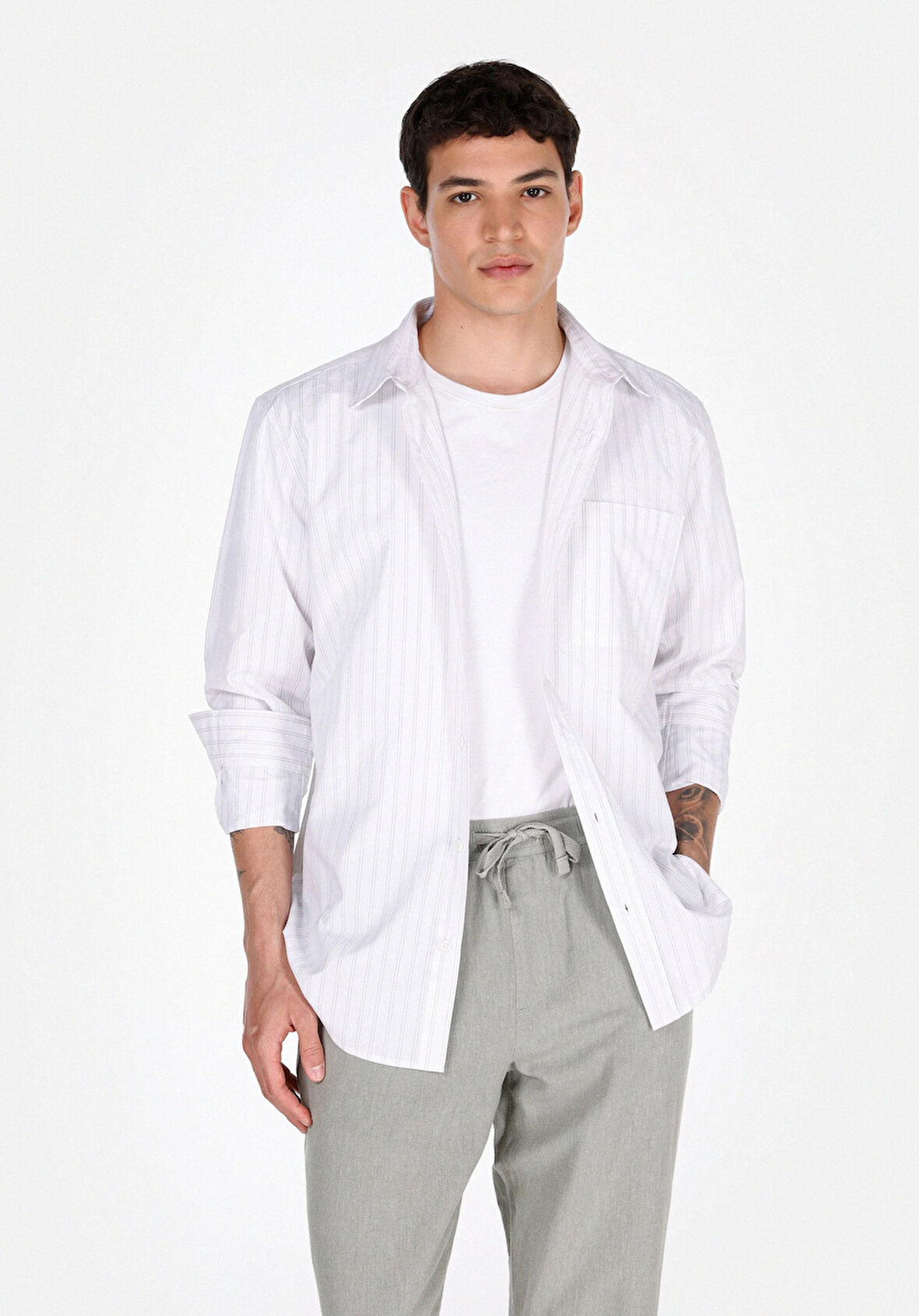 Comfort Fit Shirt Neck Çizgili Erkek Beyaz Uzun Kol Gömlek