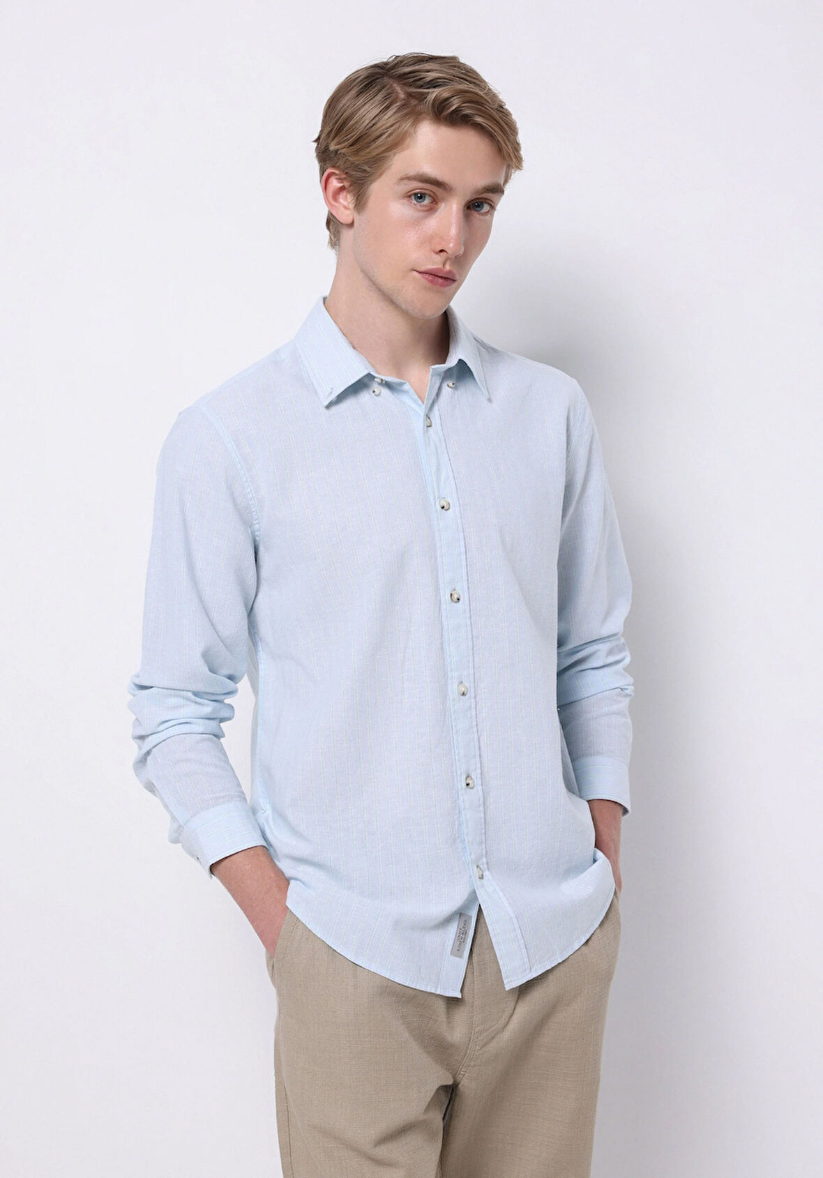 Regular Fit Shirt Neck Düz Erkek Keten Karışımlı Açik mavi Uzun Kol Gömlek