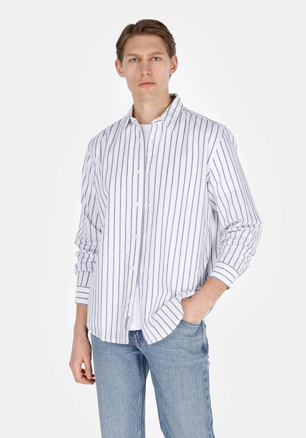 Regular Fit Shirt Neck Çizgili Erkek Keten Karışımlı Lacivert Uzun Kol Gömlek