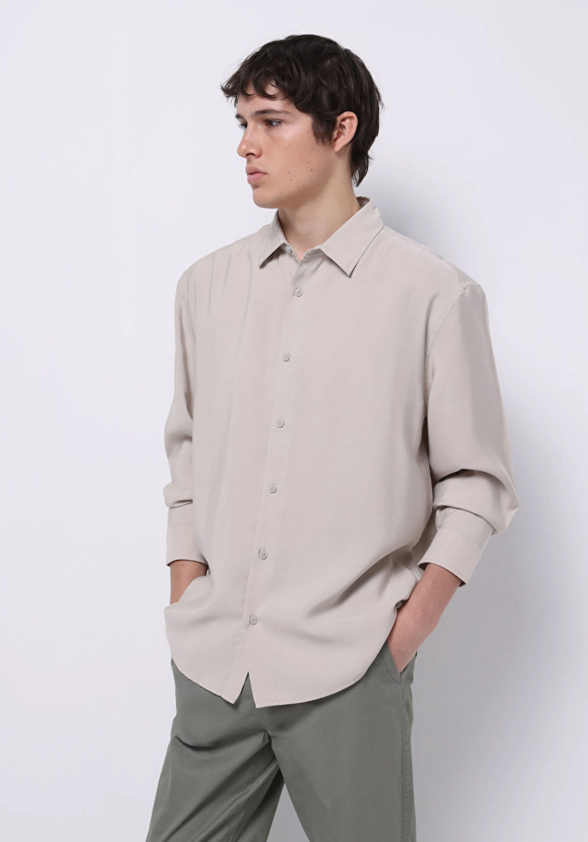 Comfort Fit Shirt Neck Düz Erkek Bej Uzun Kol Gömlek