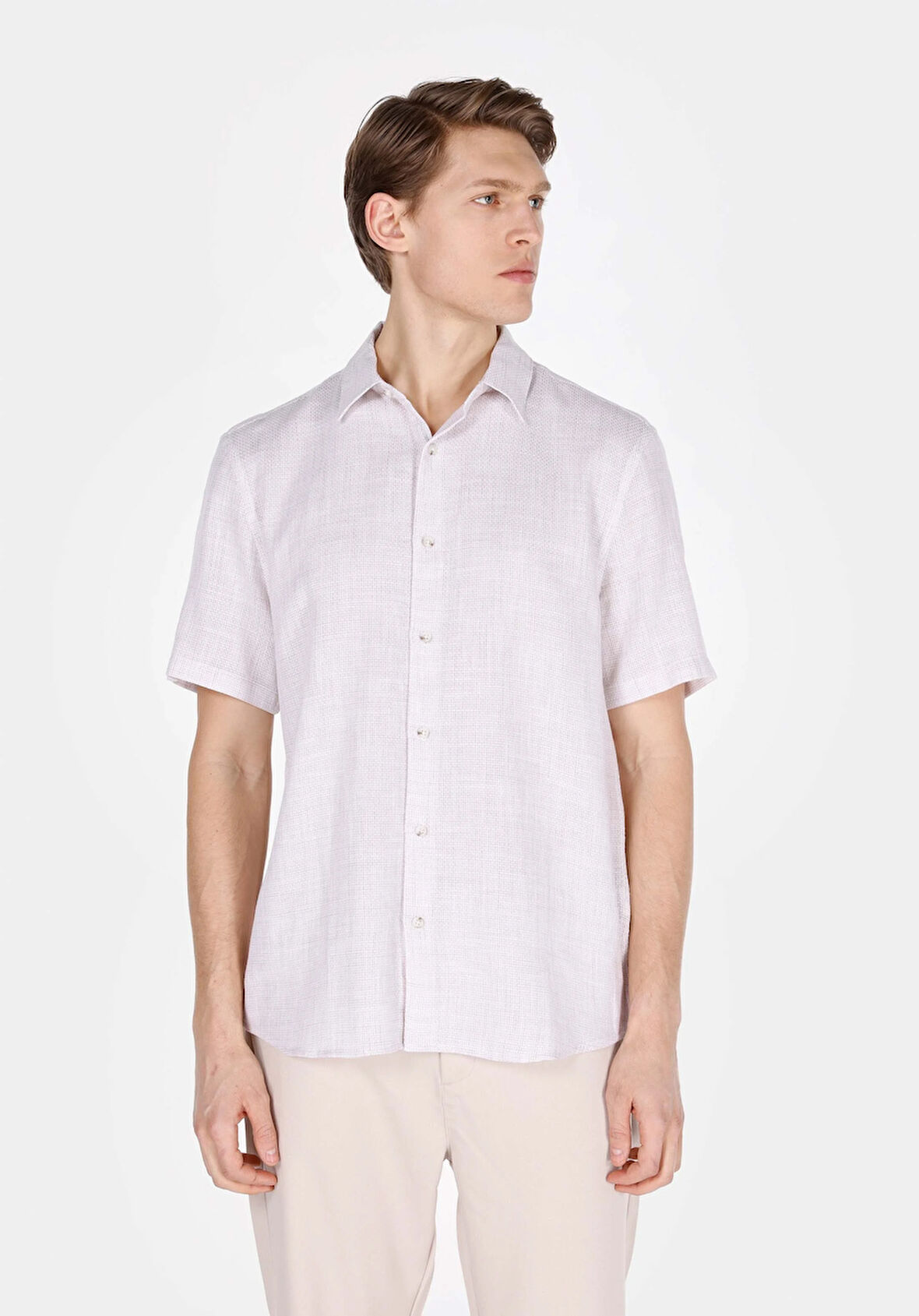 Regular Fit Shirt Neck Düz Erkek Bej Uzun Kol Gömlek