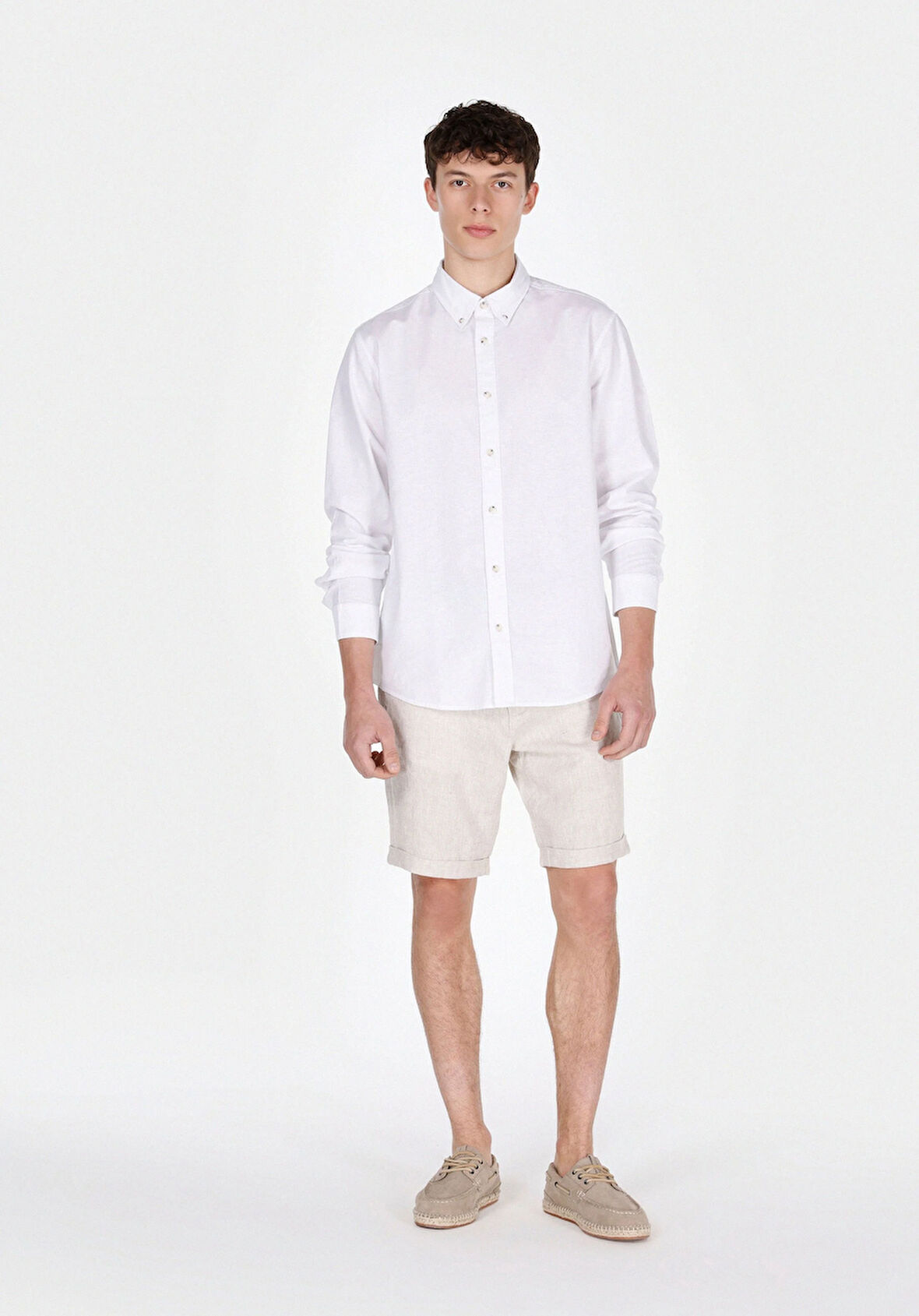 Regular Fit Orta Bel Düz Erkek Keten Karışımlı Taş Şort