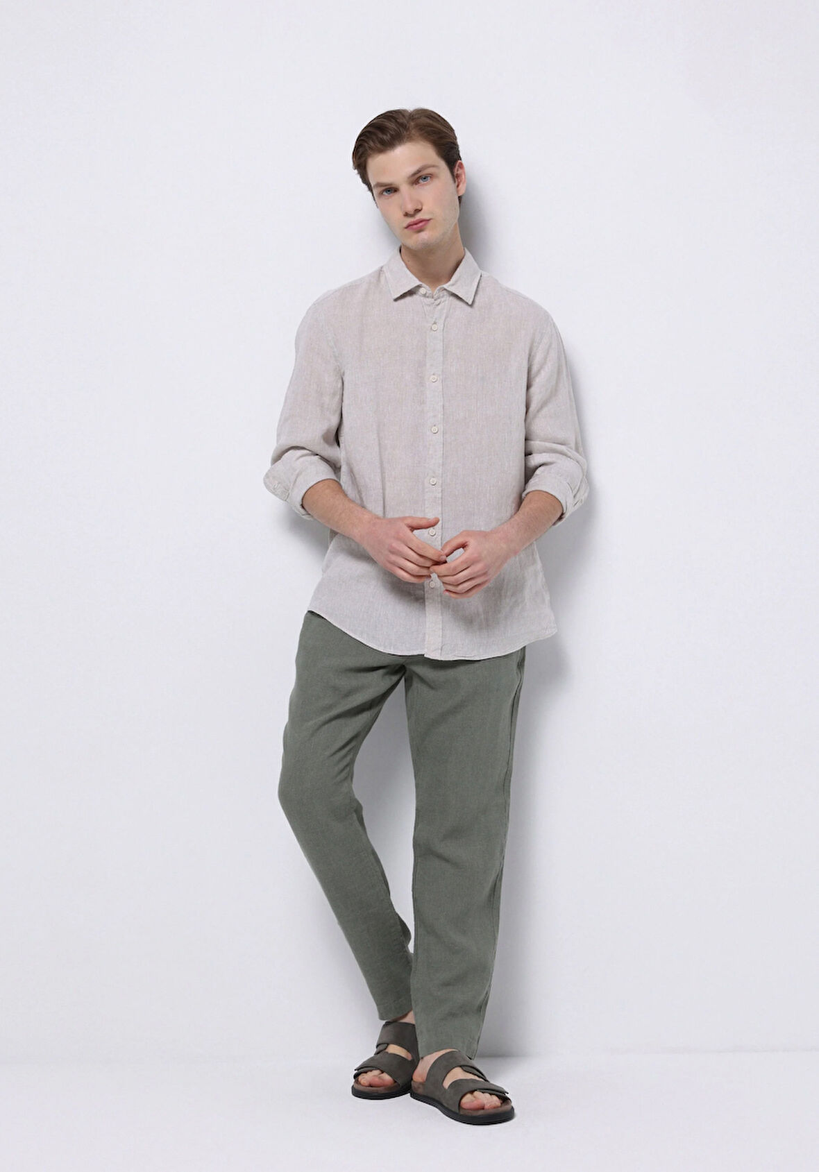 Regular Fit Orta Bel Uzun Paça Erkek Keten Karışımlı Yeşil  Pantolon