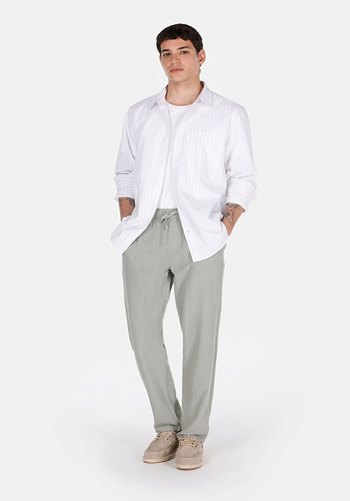 Regular Fit Orta Bel Uzun Paça Erkek Keten Karışımlı Yeşil  Pantolon