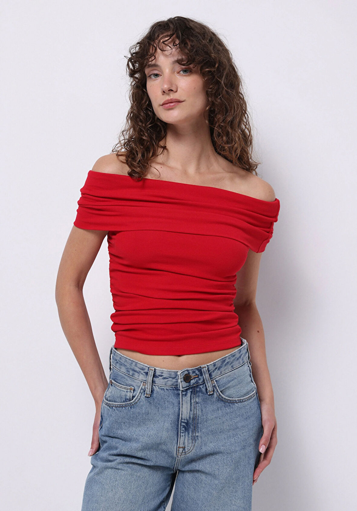 Slim Fit Kayık Yaka Düz Kadın Kirmizi Kolsuz Tişört