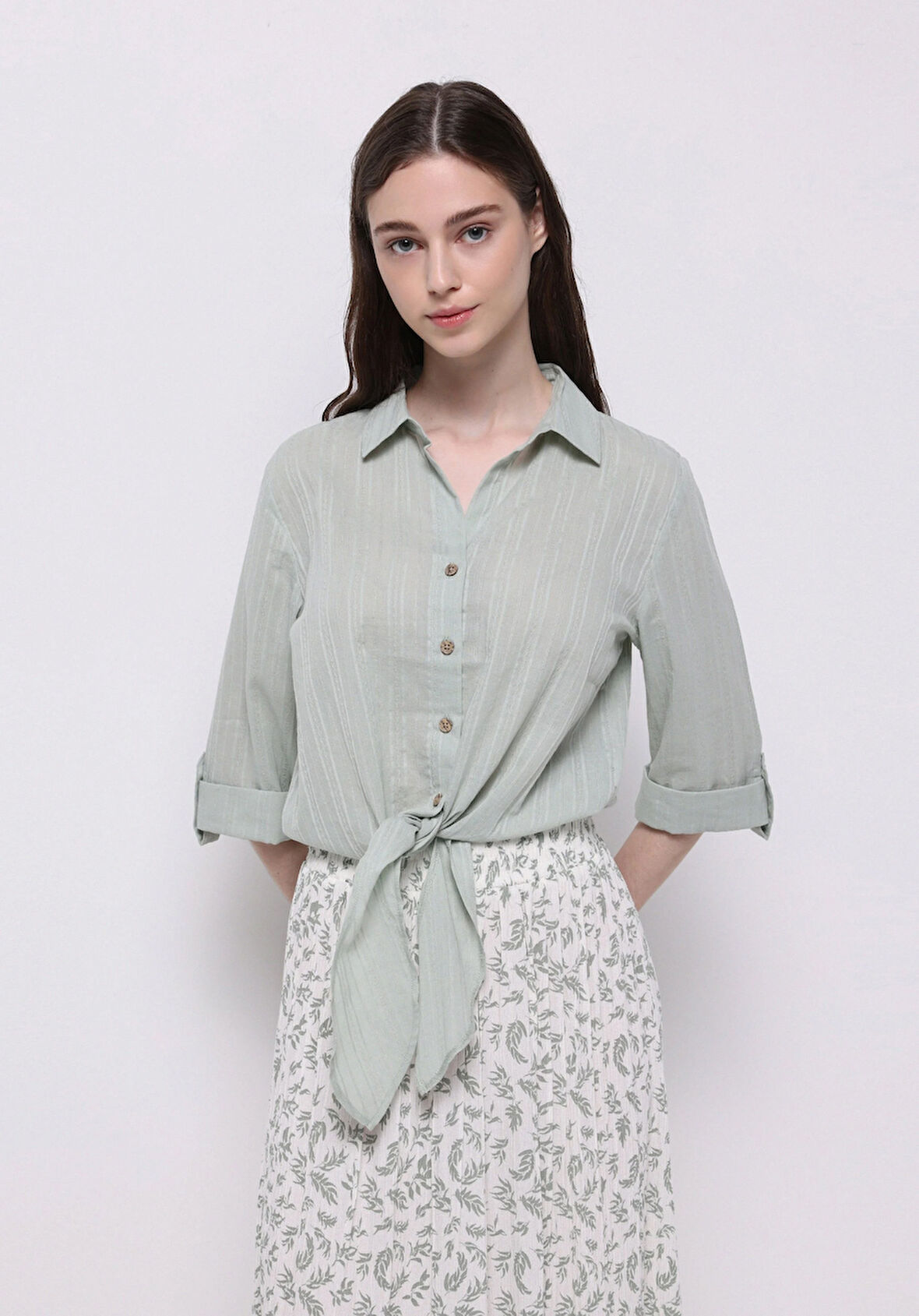 Regular Fit Shirt Neck Düz Kadın Yeşil Roll-up Gömlek