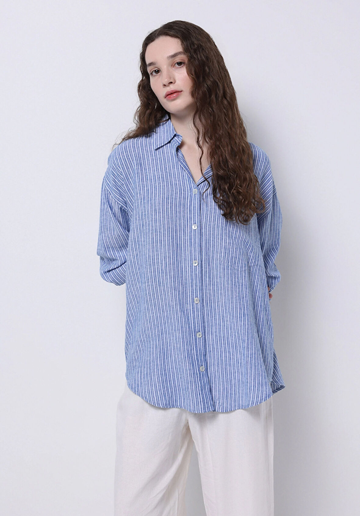 Regular Fit Shirt Neck Çizgili Kadın Mavi Uzun Kol Gömlek