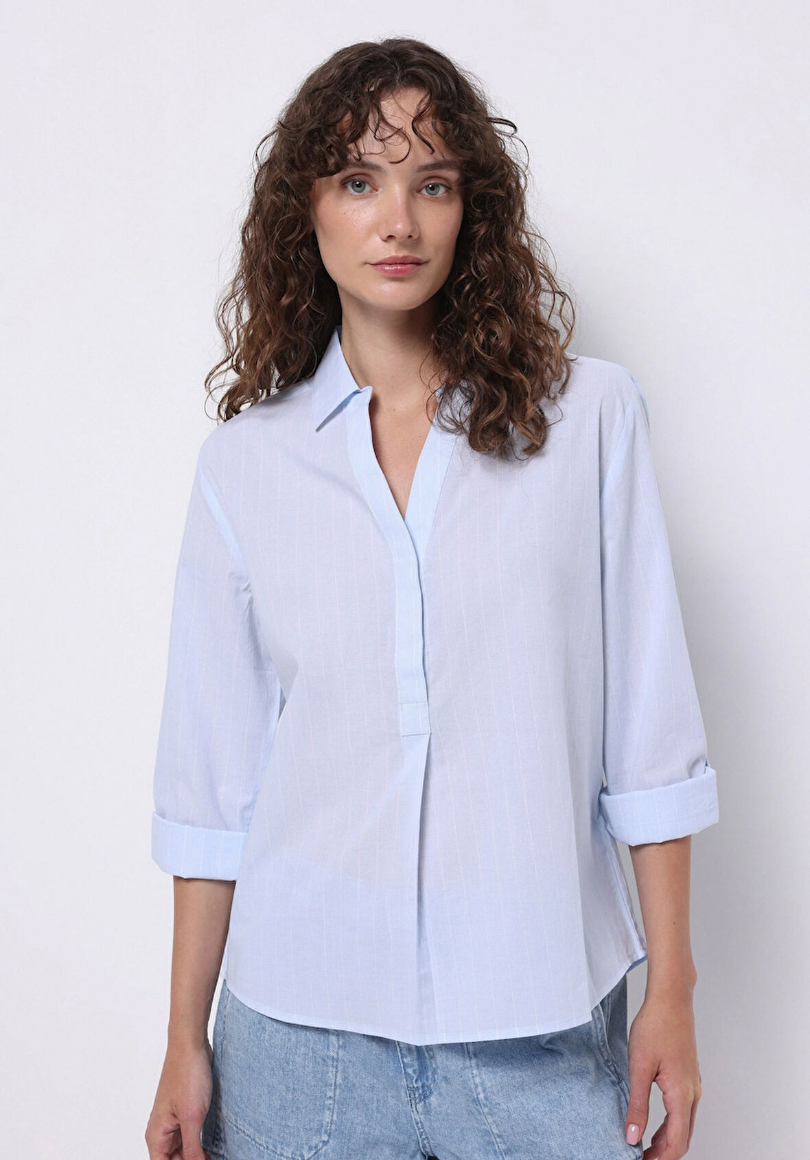 Regular Fit Shirt Neck Çizgili Kadın Mavi Roll-up Gömlek