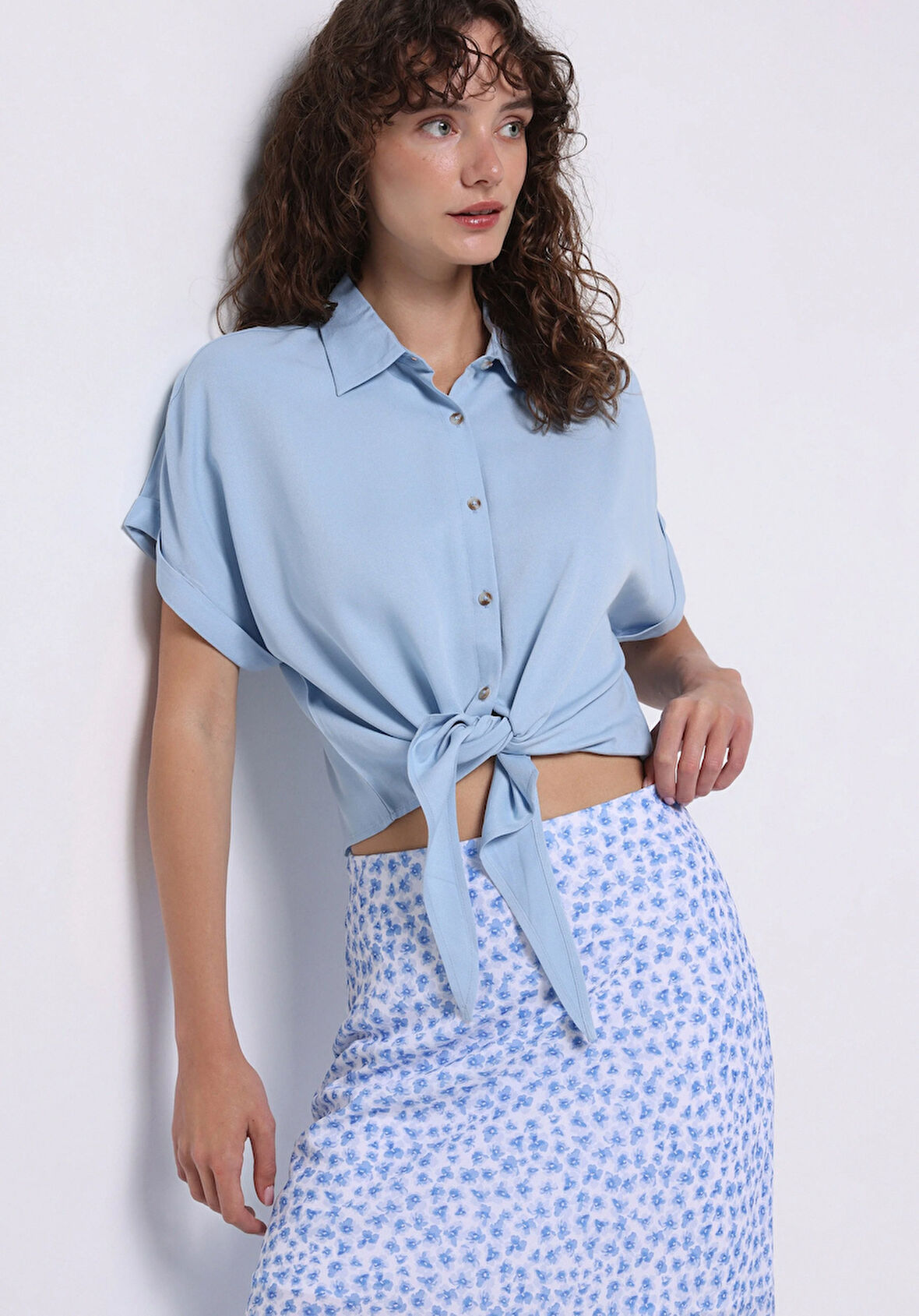 Regular Fit Shirt Neck Düz Kadın Mavi Kısa Kol Gömlek