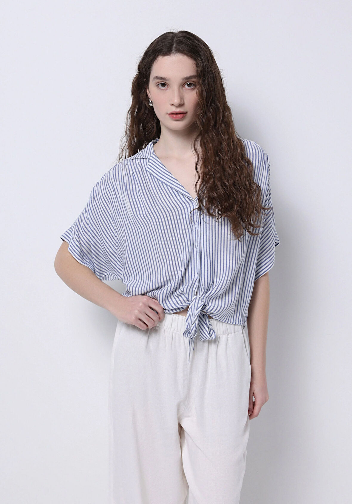 Regular Fit Shirt Neck Çizgili Kadın Mavi Kısa Kol Gömlek