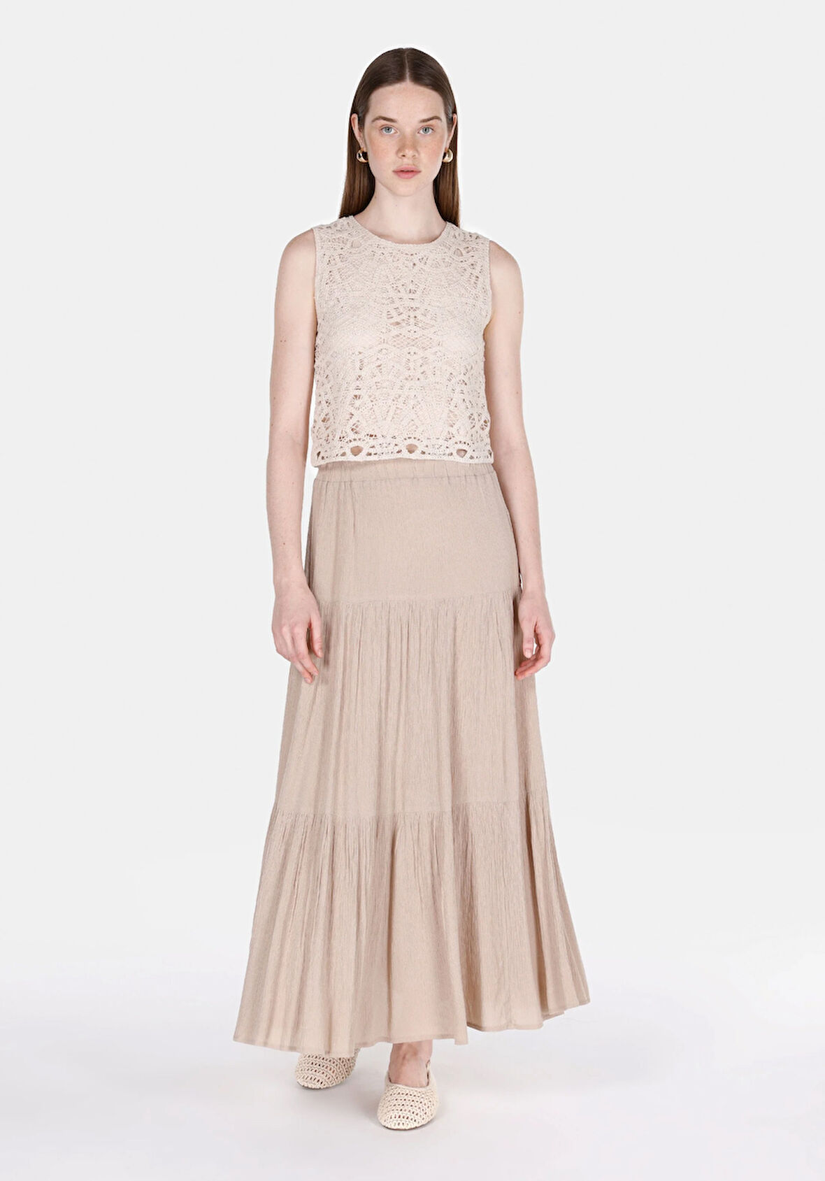 Maxi Length Düz  Kadın Bej Etek