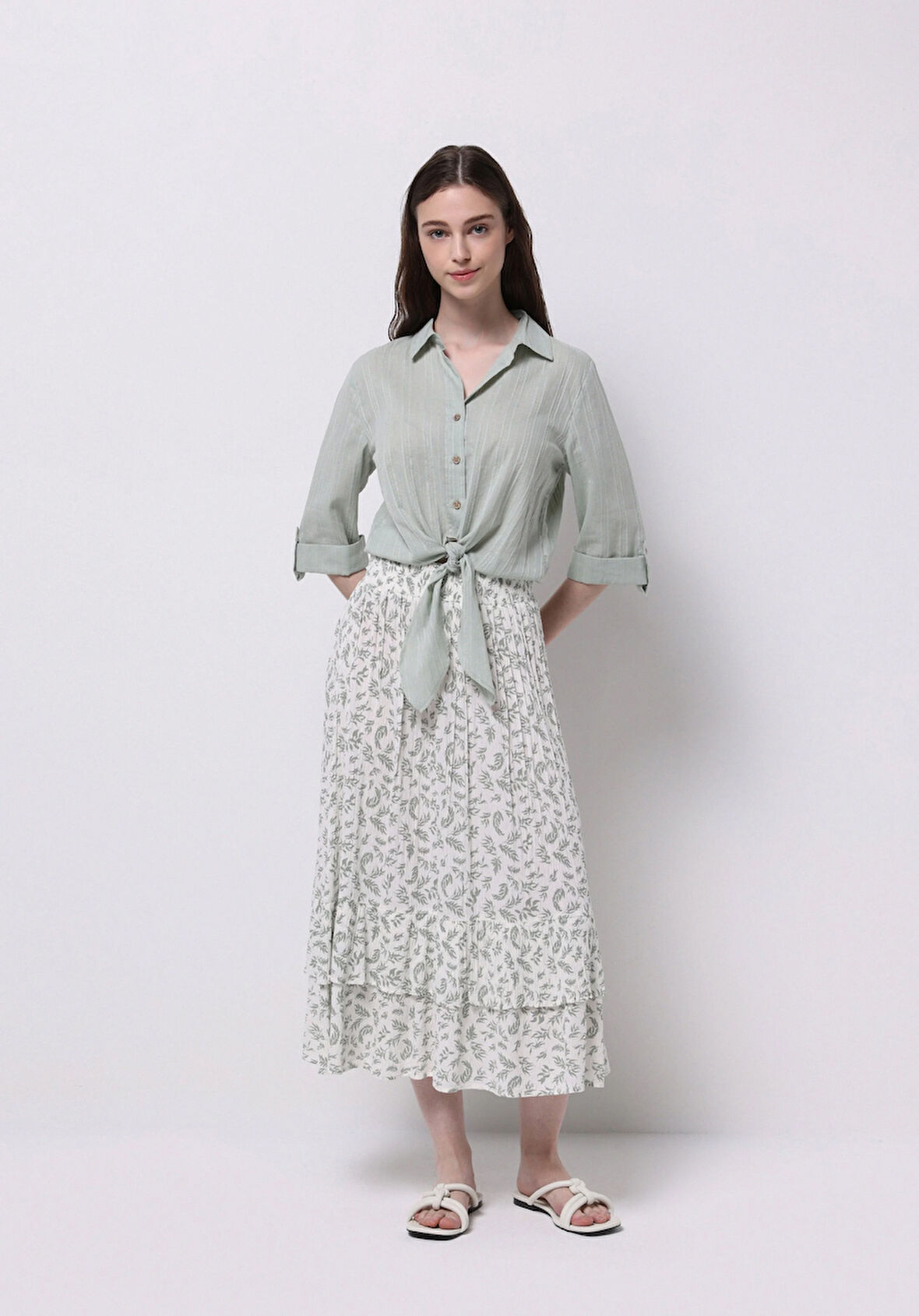 Maxi Length Baskılı  Kadın Ekru Etek