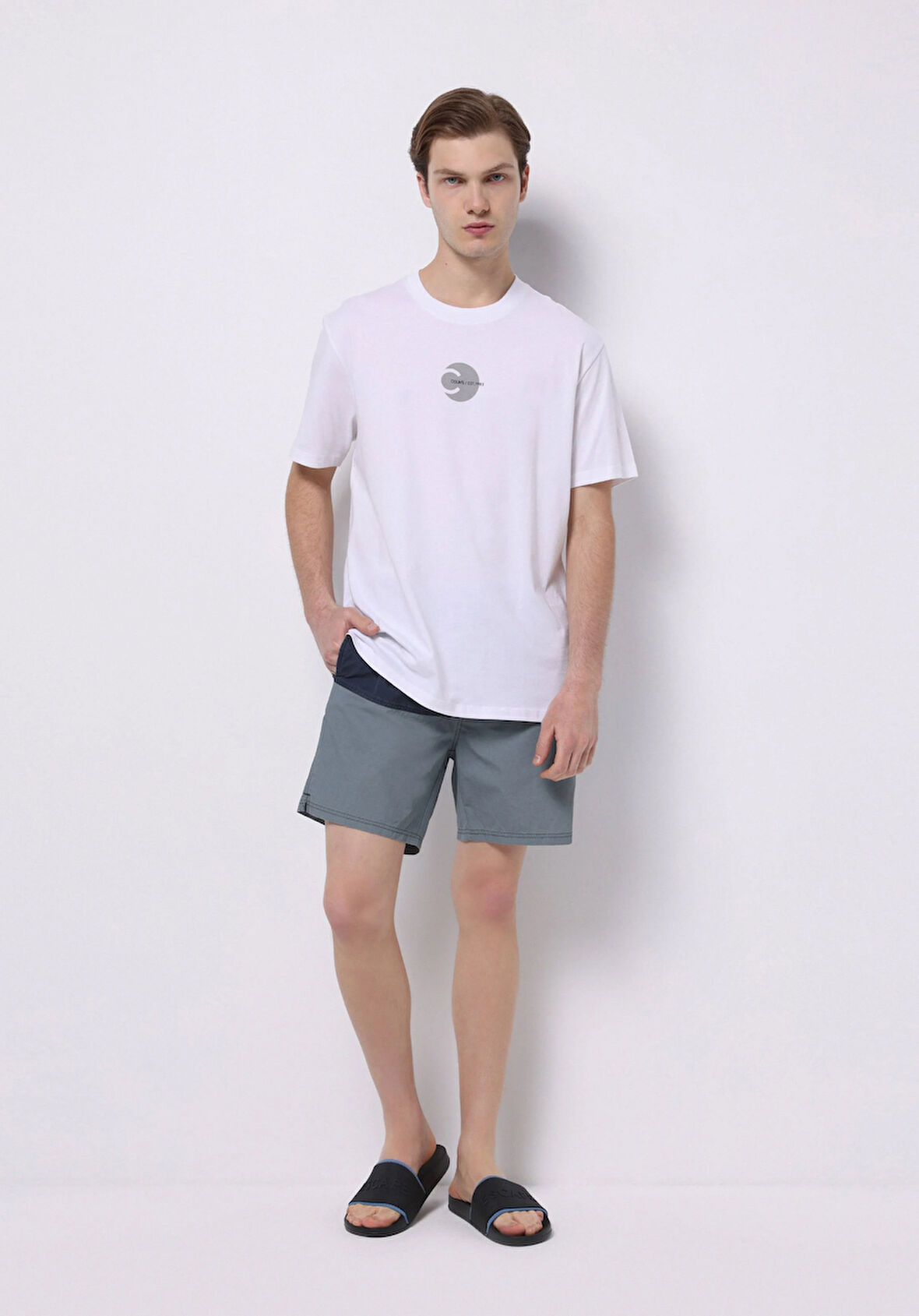 Slim Fit Baskılı Erkek Mavi Deniz Şortu