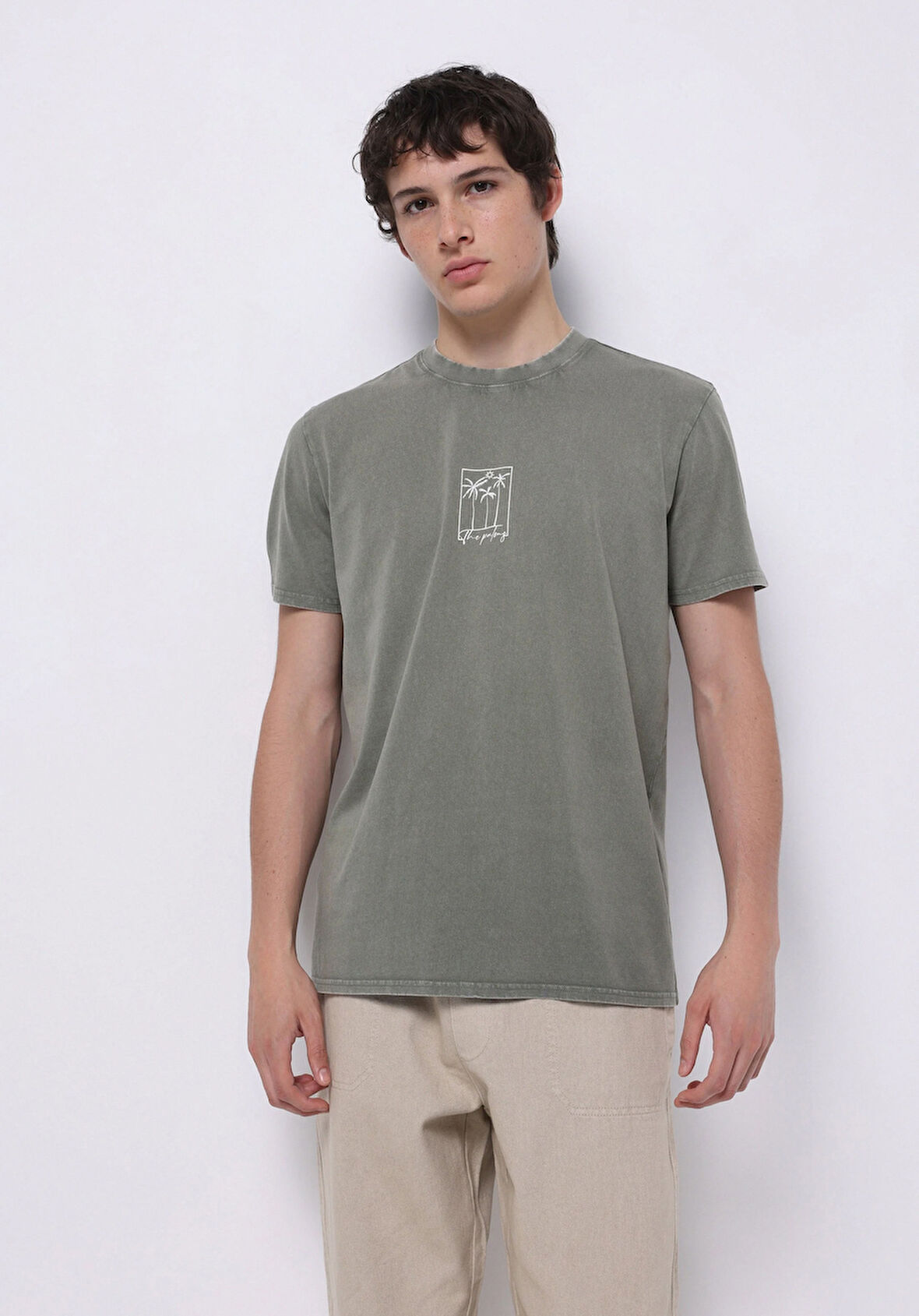 Regular Fit Yuvarlak Yaka Düz Erkek Yeşil Kısa Kol Tişört