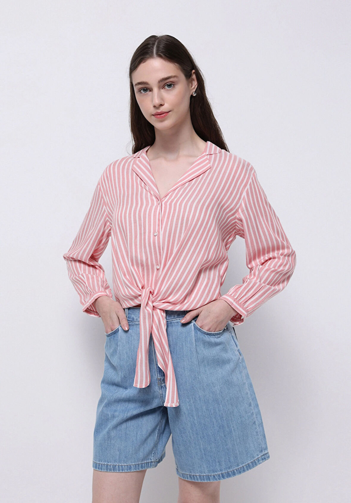 Regular Fit Shirt Neck Çizgili Kadın Kirmizi Uzun Kol Gömlek