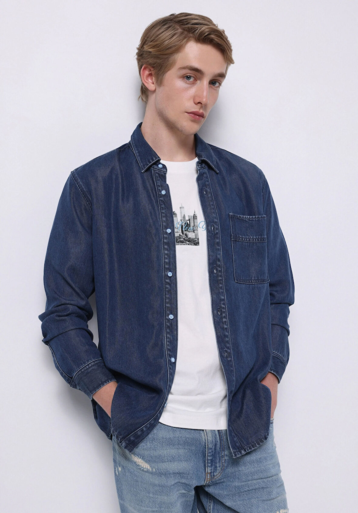 Regular Fit Klasik Yaka Düz Erkek Mavi Uzun Kol Gömlek