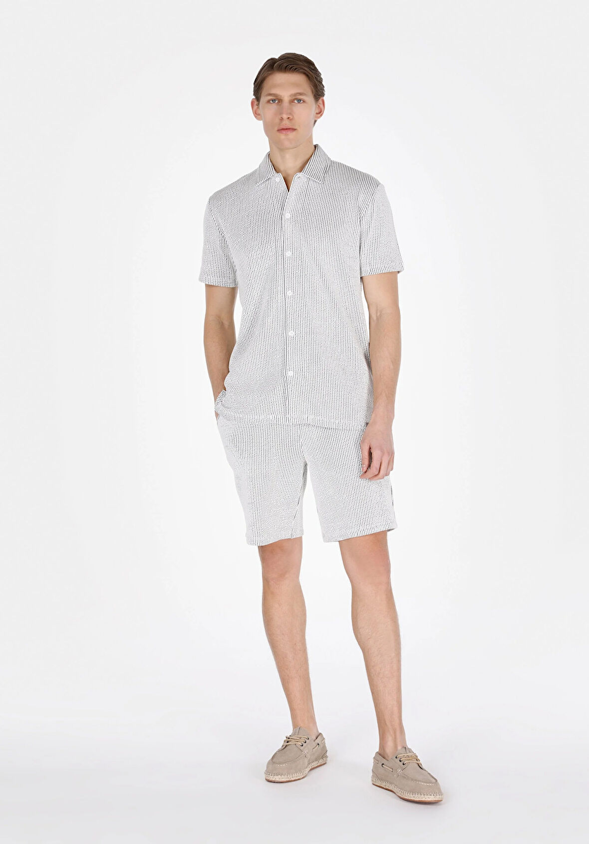Regular Fit Orta Bel Çizgili Erkek Gri Şort