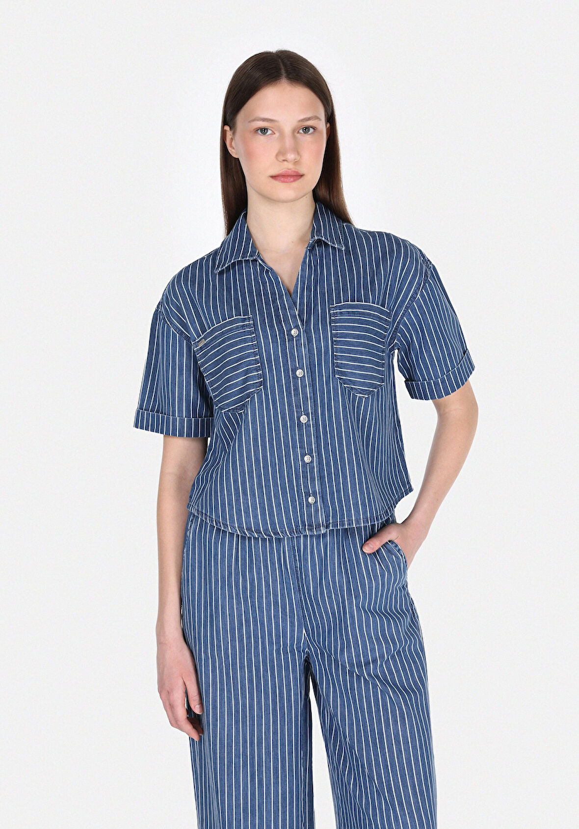 Oversize Fit Klasik Bedenli Çizgili Kadın Mavi Kısa Kol Gömlek