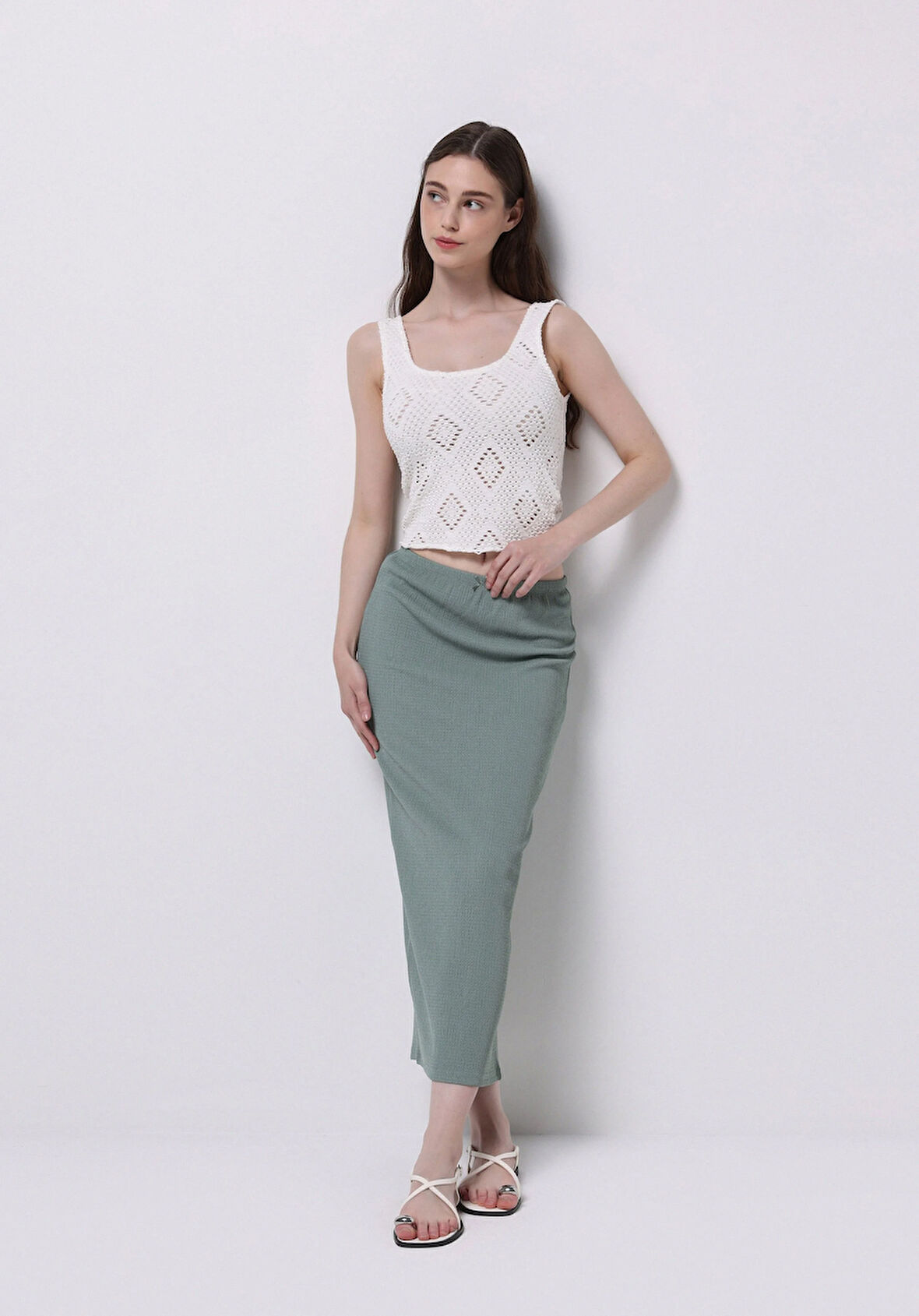 Slim Fit Düz  Kadın Yeşil Etek