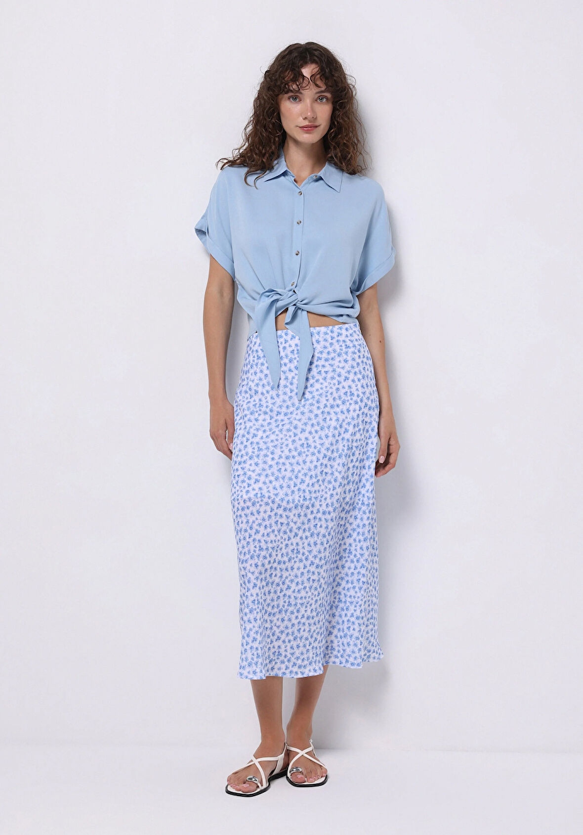 Midi Baskılı Fermuarlı Kadın Mavi Etek