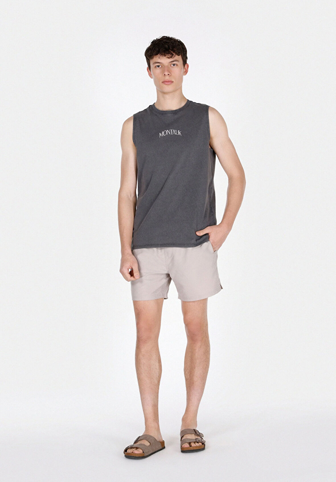 Slim Fit Düz Erkek Bej Deniz Şortu