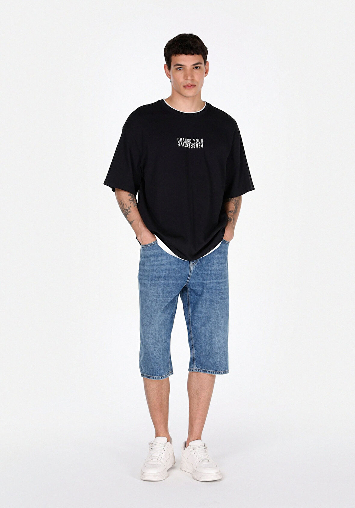 Straight Fit Orta Bel Düz Erkek Mavi Jean Şort