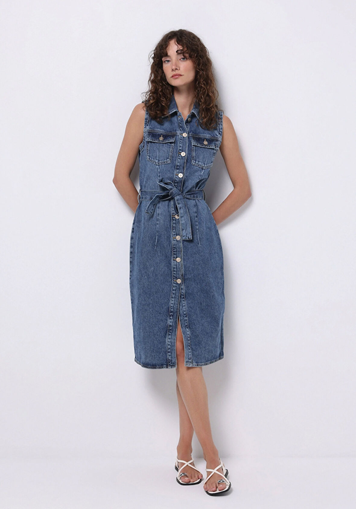 Slim Fit Düz Kadın Mavi Kolsuz Elbise