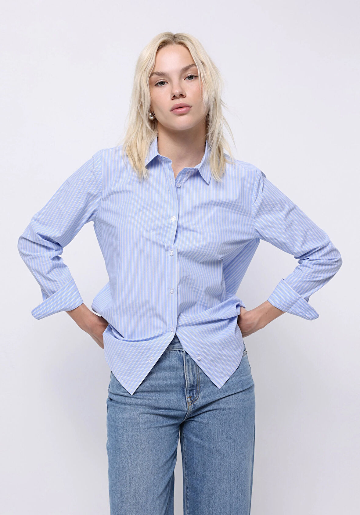 Regular Fit Shirt Neck Düz Kadın Mavi Uzun Kol Gömlek