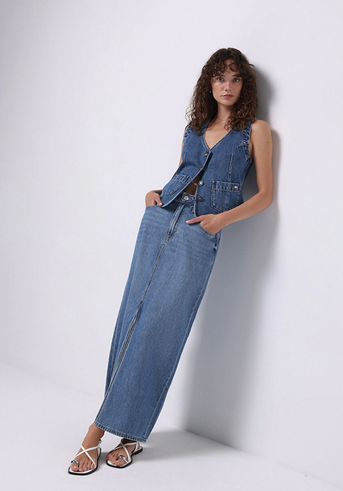 Slim Fit Düz Düğmeli Kadın Mavi Etek