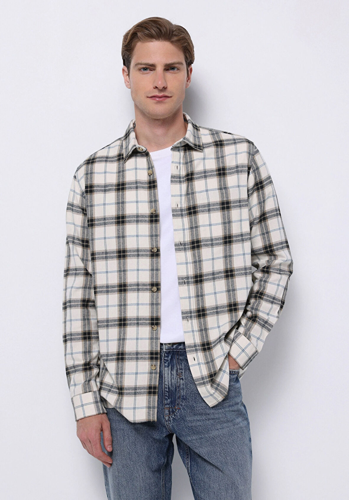 Regular Fit Shirt Neck Ekoseli Erkek Ekru Uzun Kol Gömlek