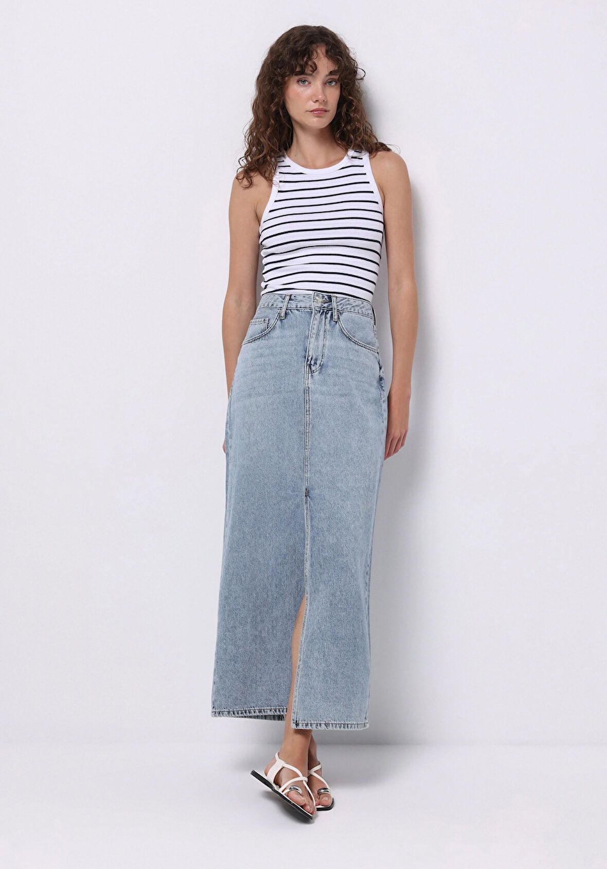 Slim Fit Düz Fermuarlı Kadın Açik Mavi Etek